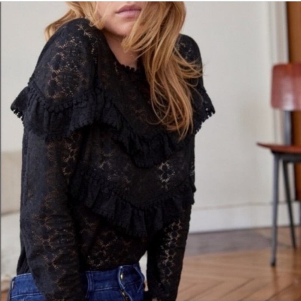 Sézane Ninon Ruffle Black Lace Blouse